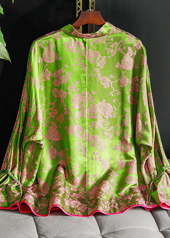 Green Stand Collar Chinese Button Patchwork Jacquard Silk Shirt Long Sleeve