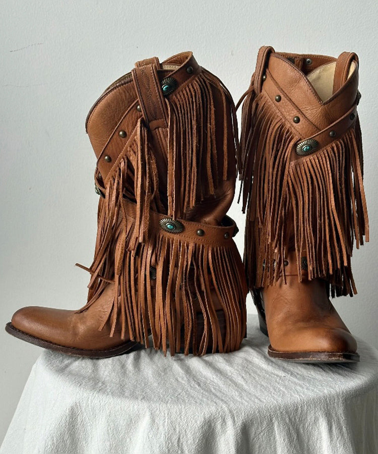 Splicing Chunky Cowgirl Boots Tassel Cowhide Leather