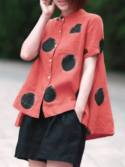 Blue Dot Print Patchwork Linen Top Button Stand Collar Summer