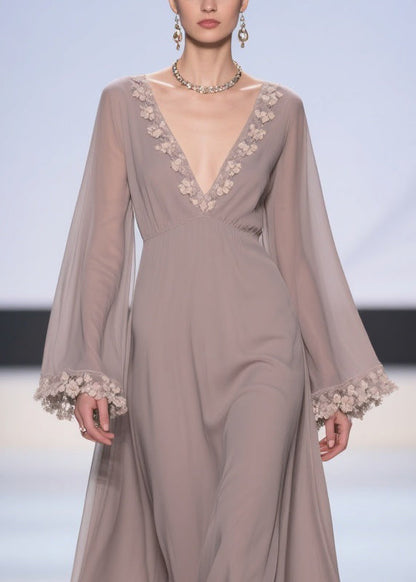 Light Grey Lace High Waist Chiffon Robe Dresses V Neck