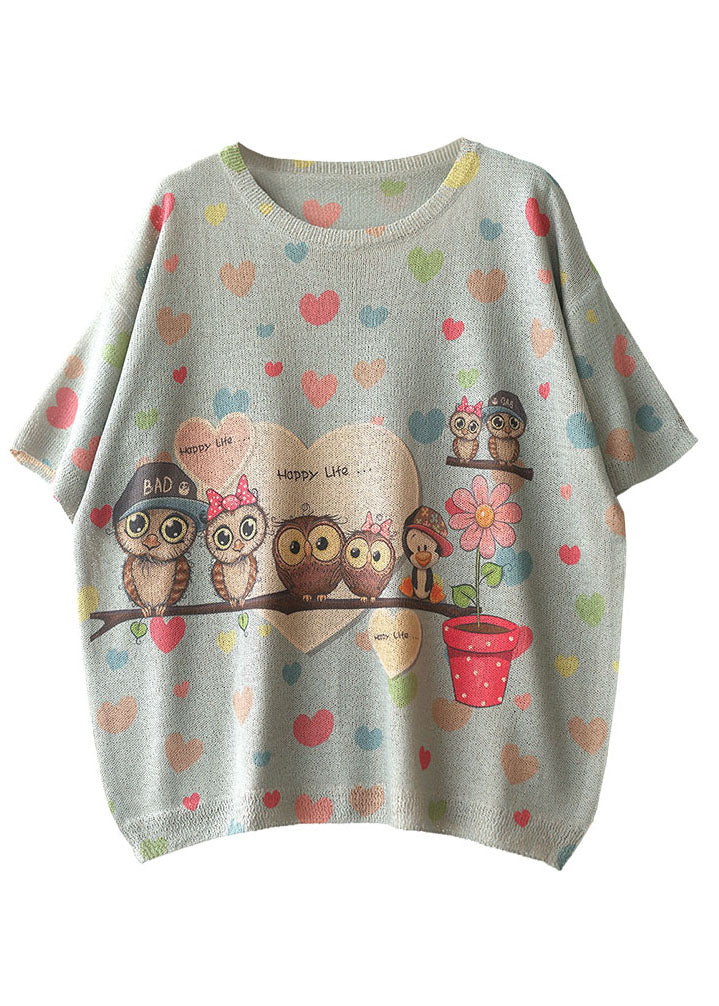 Boutique Light Blue O-neck Animal Print Draping Linen Knit Tank Tops Short Sleeve