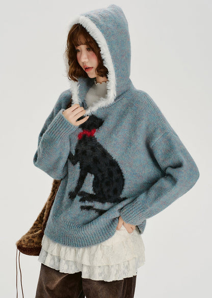 Blue Jacquard Patchwork Knit Hooded Sweater Spring