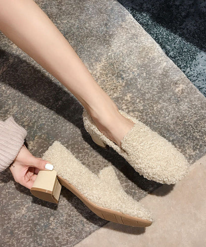 Beige Teddy Chunky Heel Fuzzy Wool Lined Penny Loafers