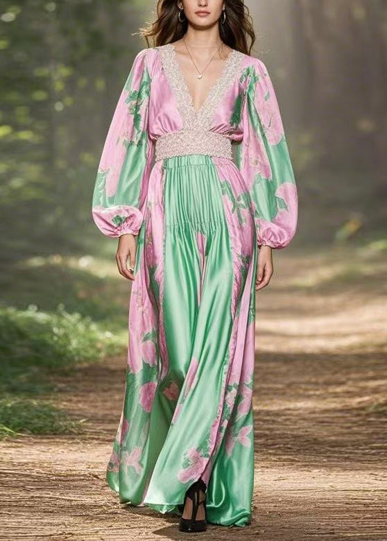Pink V Neck Print Patchwork Silk Long Dresses Spring