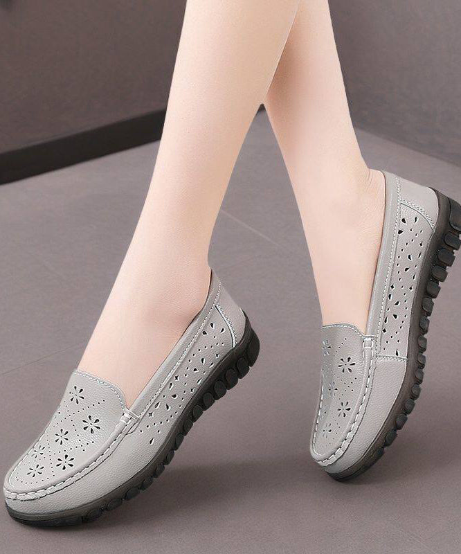 Hollow Out Flat Feet Shoes Beige Cowhide Leather