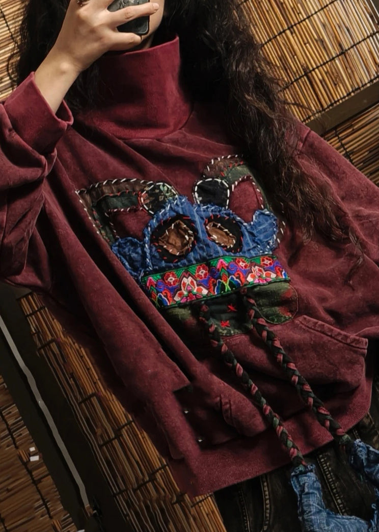 Mulberry Hign Neck Embroidered Cotton Sweatshirts Spring