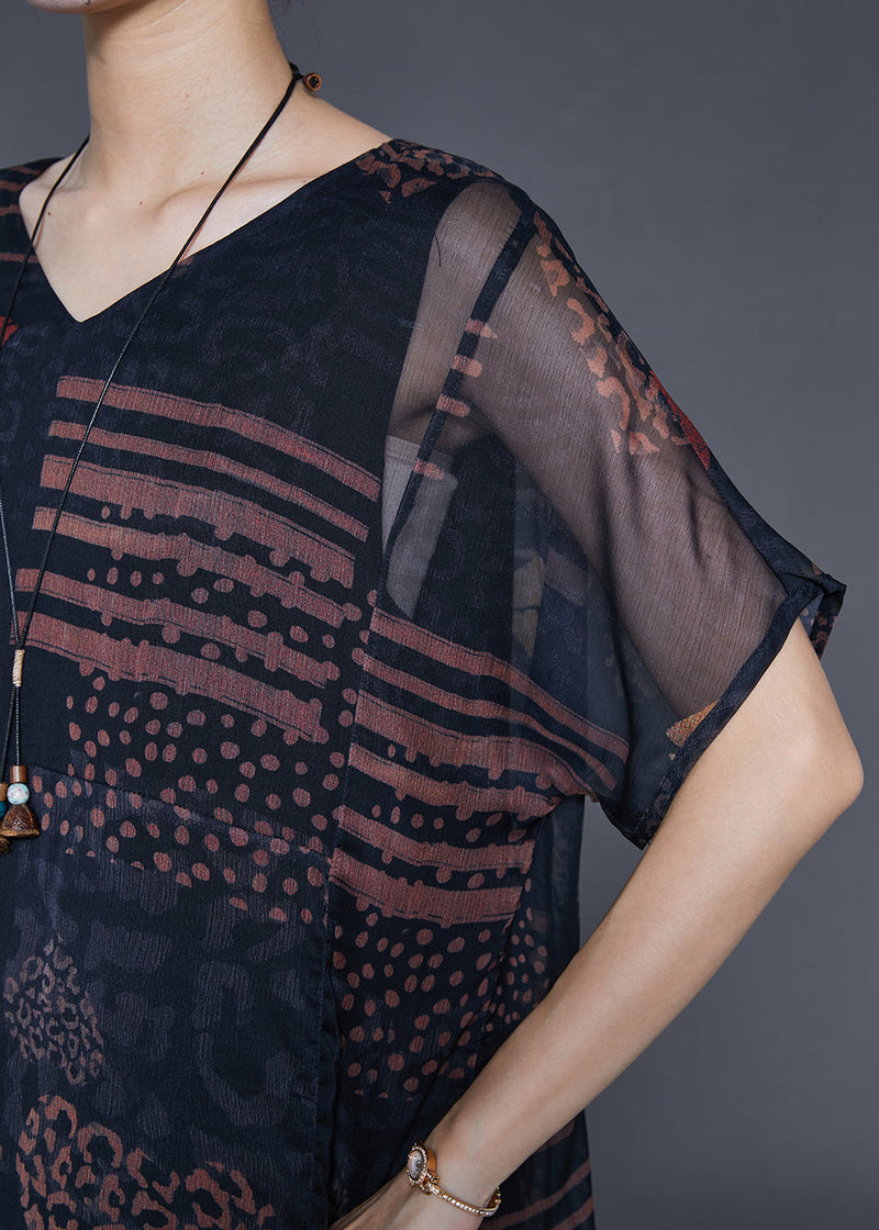 Black Oversized Print Chiffon Long Dress Summer