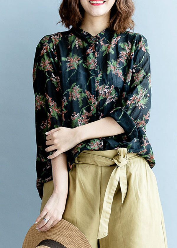 Black Peter Pan Collar Print Linen Shirt Tops Fall