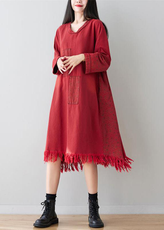 Red V Neck Tassel Cotton Loose Dress Spring
