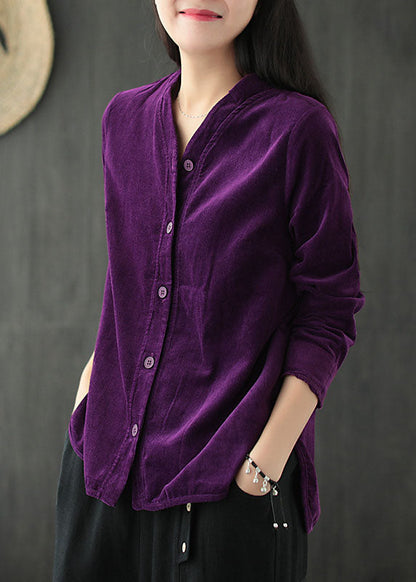 Purple V Neck Color Button Corduroy Shirt Tops Long Sleeve