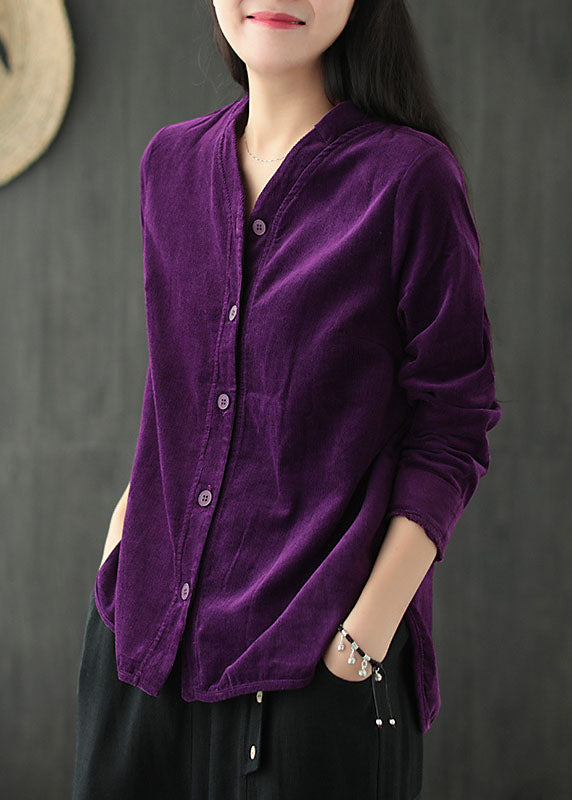 Purple V Neck Color Button Corduroy Shirt Tops Long Sleeve