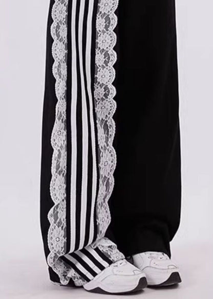 Black Pockets High Waist Lace Up Patchwork Pants Fall