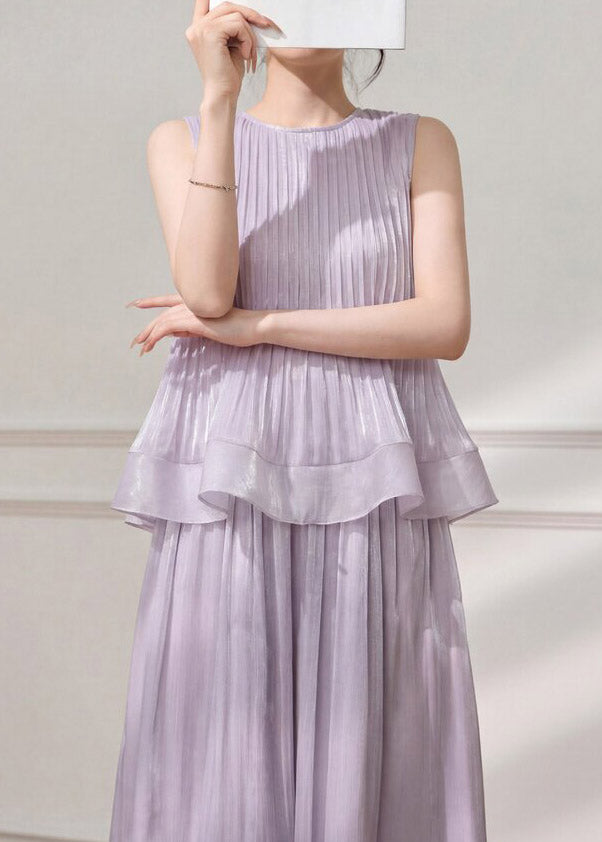 Stylish Purple Wrinkled Top and Maxi Skirts Two Pieces Set Summer