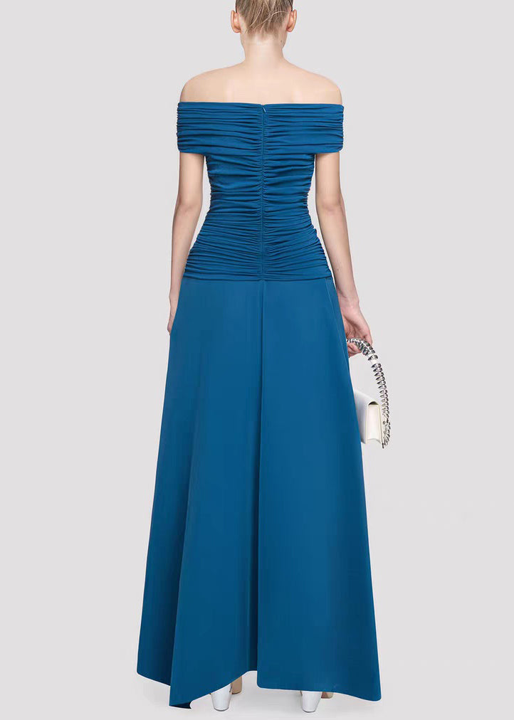Blue Wrinkled Cotton Knit Summer Long Dresses Slash Neck