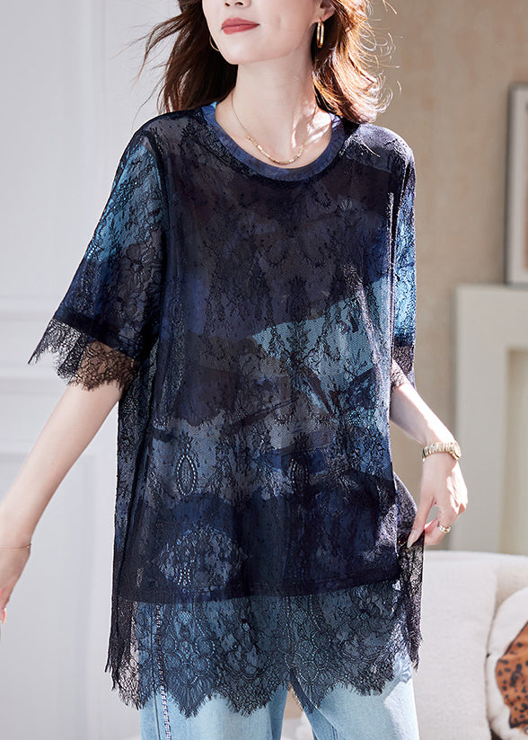 Blue Black Lace Hollow Out Patchwork T-shirt Summer