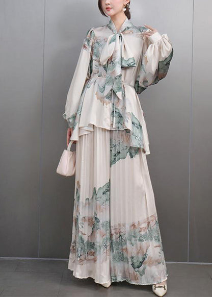 White Bow Print Chiffon Shirts and Maxi Skirts Two Pieces Set Spring