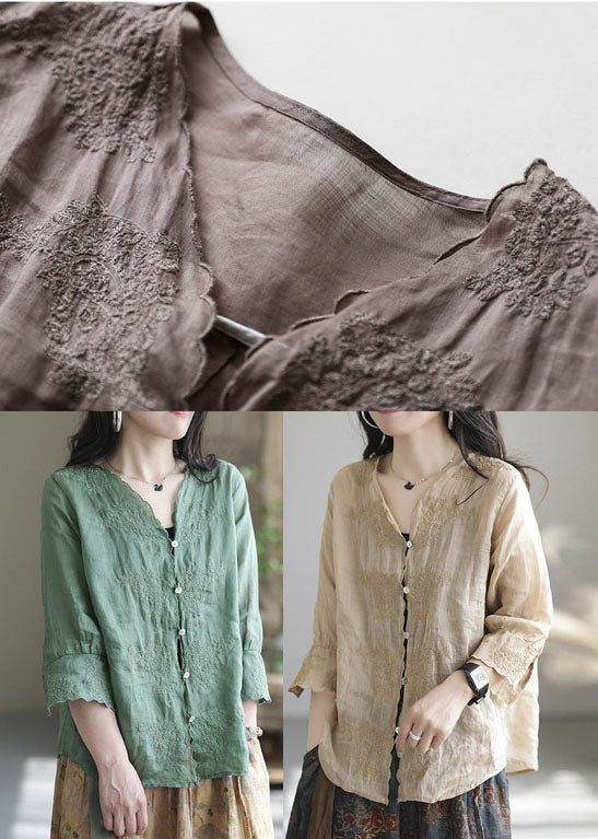 Purple V Neck Button Linen Shirt Half Sleeve