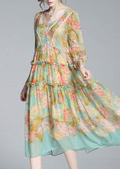 Yellow Green V Neck Print Patchwork Ruffled Maxi Dresses Summer