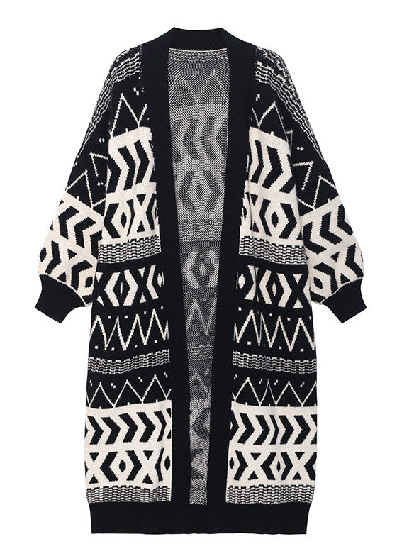 Stylish Black Pockets Button Jacquard Fall Long Knit Sweaters Coat