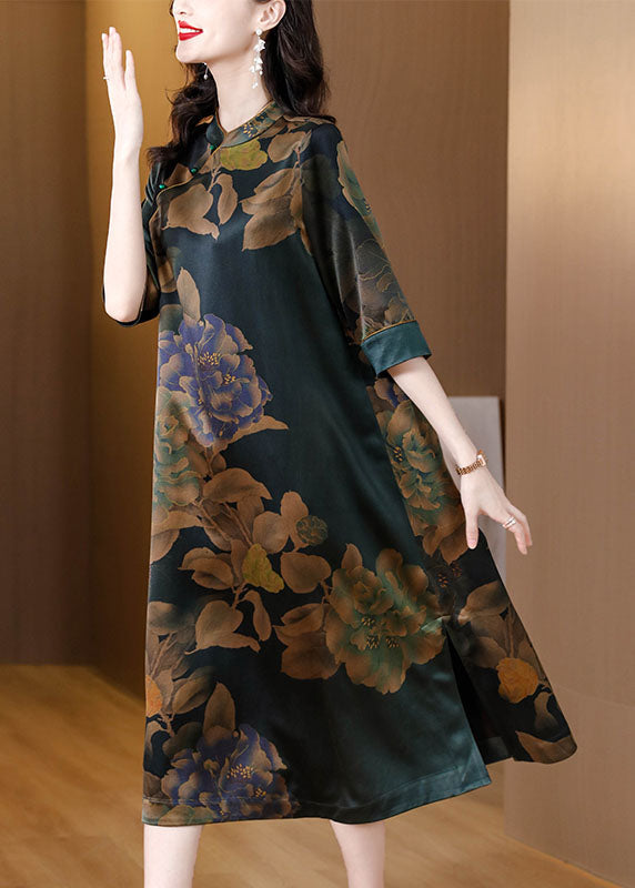 Stand Collar Print Button Silk Long Dress Fall
