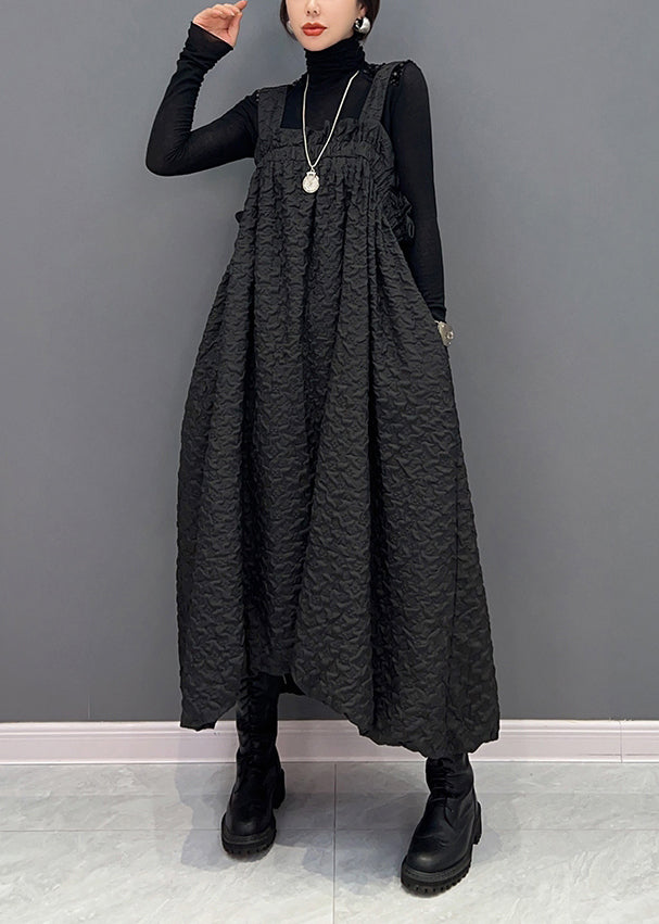 Black Wrinkled Pockets Patchwork Cotton Carpenter Dresses Fall