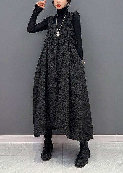 Black Wrinkled Pockets Patchwork Cotton Carpenter Dresses Fall