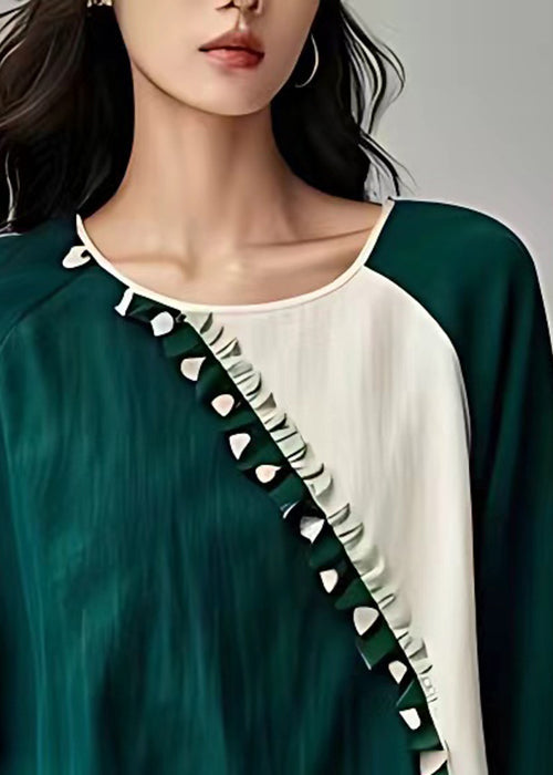 New Green O-neck Ruffled Patchwork Linen Tops Long Sleeve