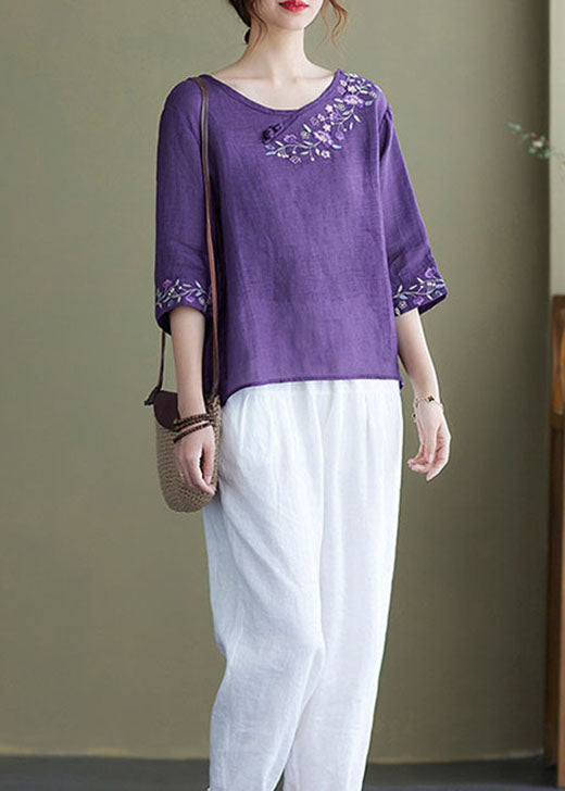 Diy Pink Crane Embroidered Side Open Half Sleeve Top