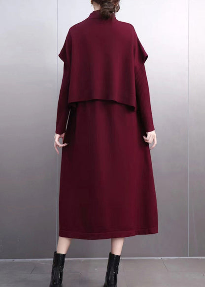 Simple Mulberry Turtleneck Patchwork Cotton Knit Sweaters and Maxi Skirts Two Pieces Set Winter