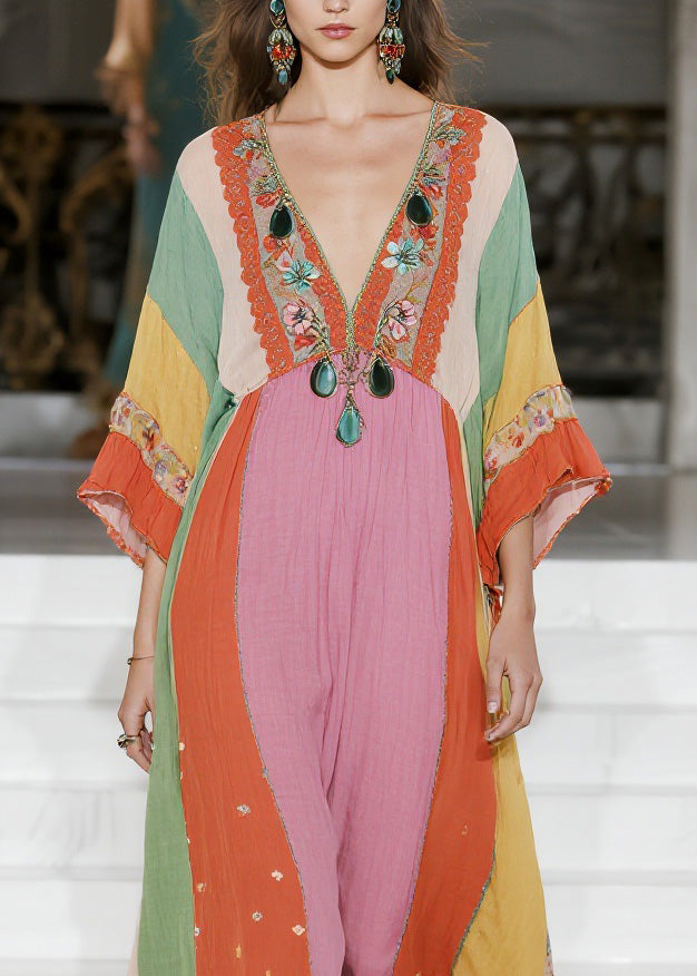 Loose Colorblock V Neck Cotton Dress Summer
