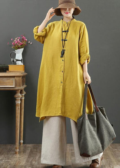 Art Yellow Blouses for Stand Collar Asymmetric Spring Top