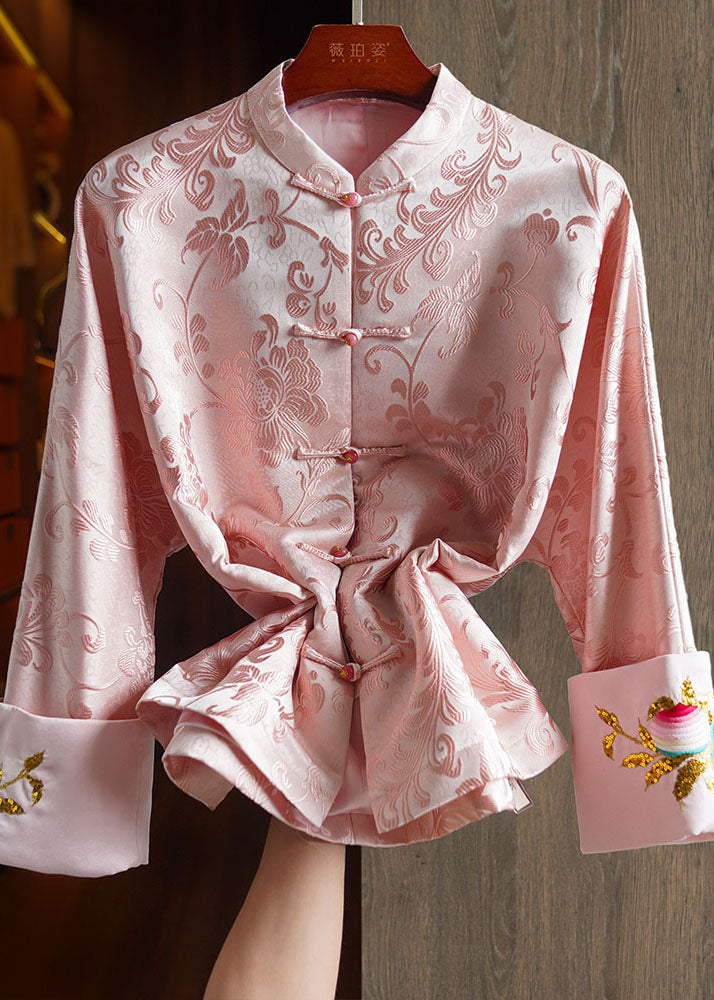 Pink Stand Collar Embroideried Silk Coat Long Sleeve