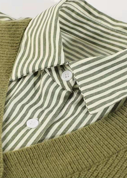 Green Button Peter Pan Collar Knit Patchwork Striped Fake Two Piece Shirt Long Sleeve