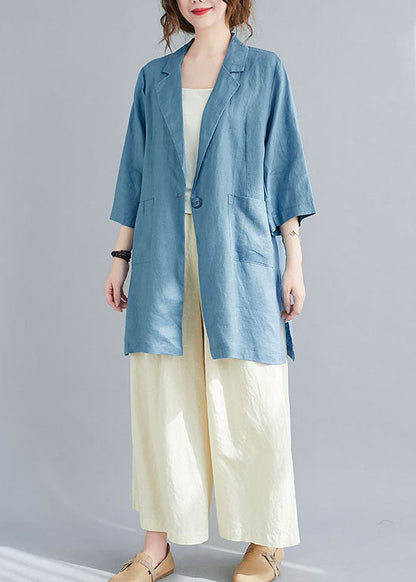 Natural Blue Notched Button Pockets Fall Three Quarter Sleeve Blouse Top