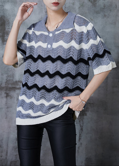 Grey Striped Hollow Out Knit Top Summer