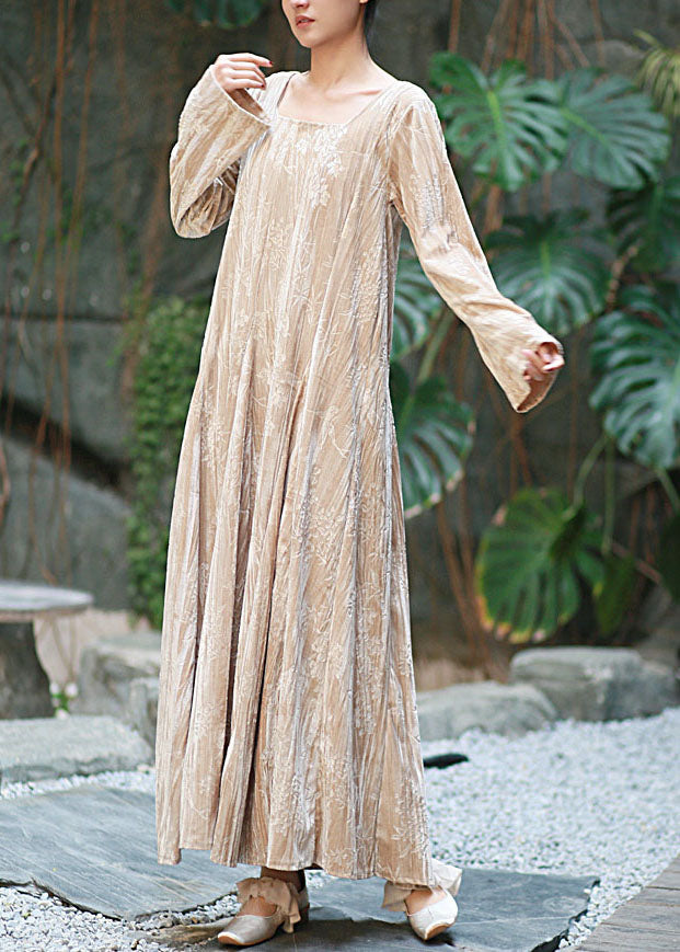 Boutique Apricot U Neck Print Exra Large Hem Velour Long Dress Fall