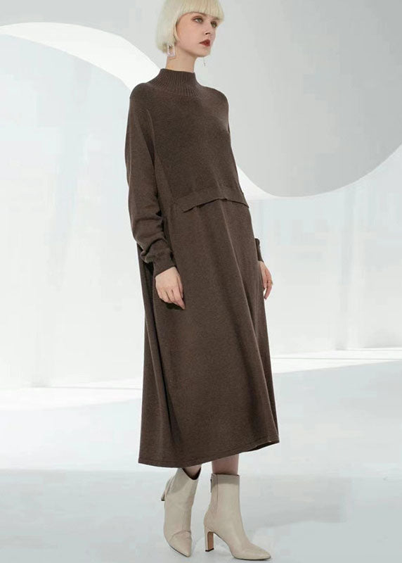 Chocolate Turtle Neck Patchwork Wool Knit Sweater Dress Long Sleeve