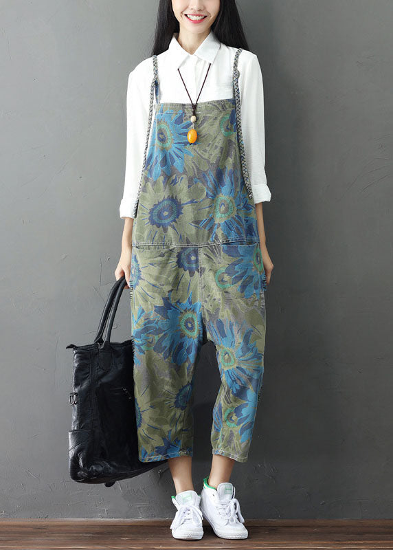 Green Print Cotton Denim Jumpsuit Ripped Jeans Spring