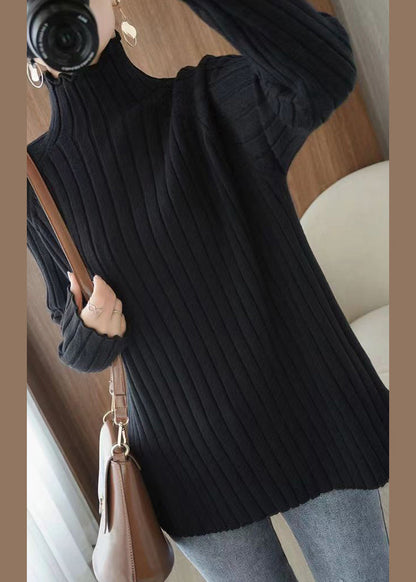 Grey Turtleneck Striped Knitting Sweaters Long Sleeve