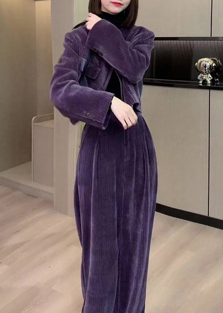 Modern Purple O-neck Button Silk Velour Coats and Wide Leg Pants Two Pieces Set Fall