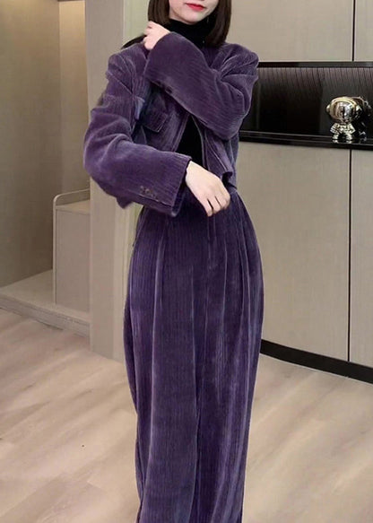 Modern Purple O-neck Button Silk Velour Coats and Wide Leg Pants Two Pieces Set Fall