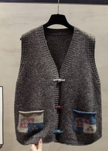 Art Dark Blue Chinese Button Patchwork Pockets Knitted Vests Spring