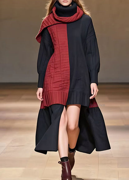 Black Patchwork Red Low High Design Maxi Dresses Fall