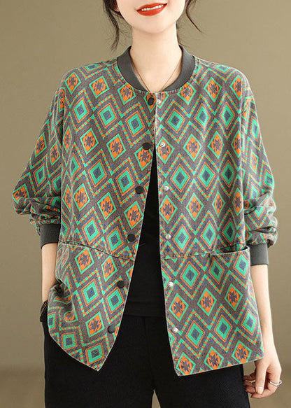 Green O Neck Pockets Print Denim Coat Spring