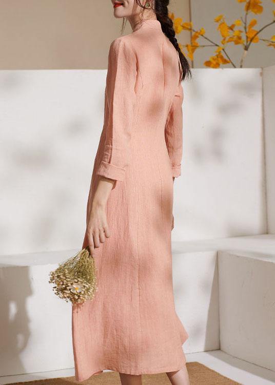 Unique Pink Embroideried Tie Waist Summer Linen Summer Dresses