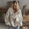 Comstylish Women's Vintage White Rose Embroidery Warm Zip Hoodie