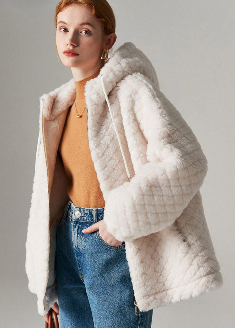 White Zippered Faux Fur Hooded Coat Winter