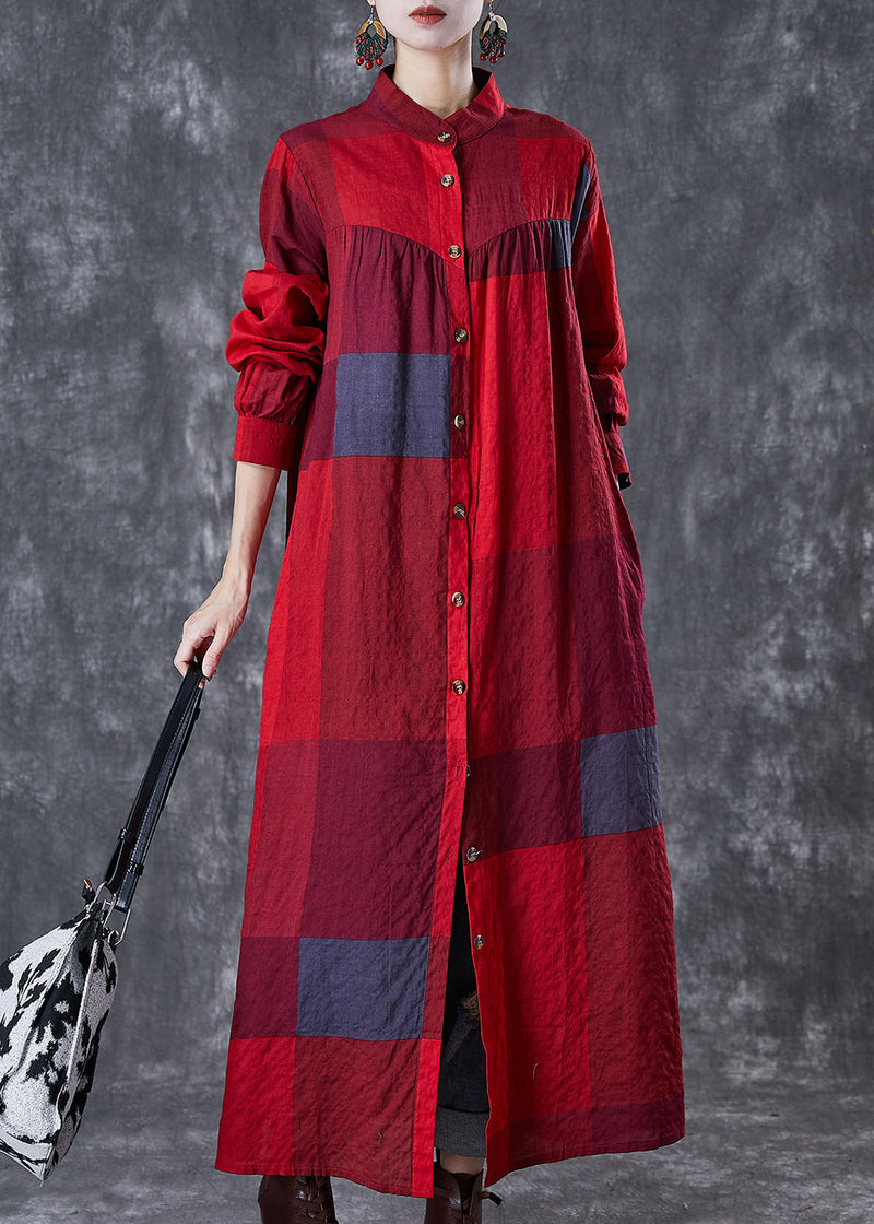 Red Stand Collar Print Linen Long Dresses Fall