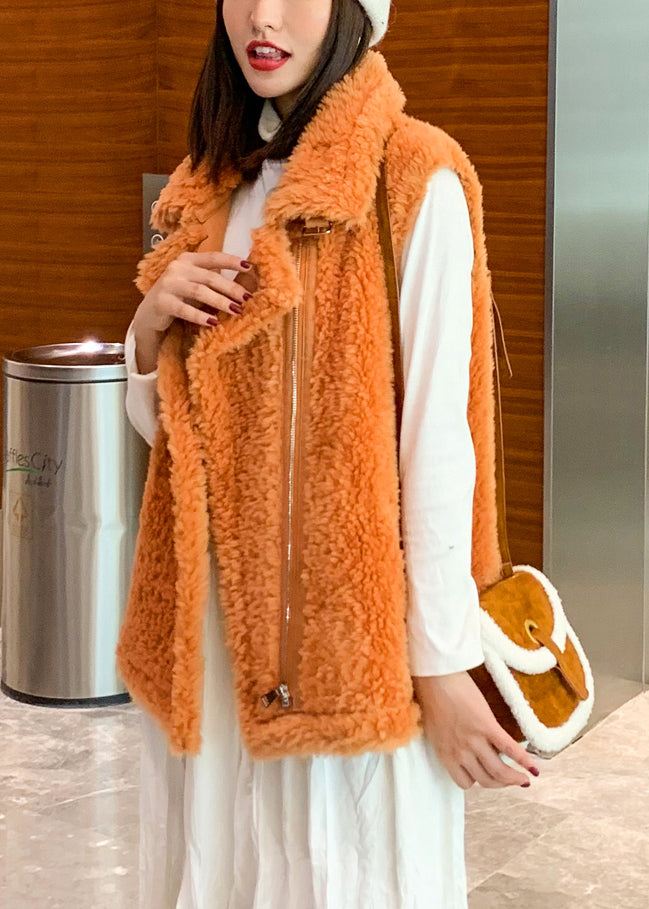 Italian Orange Peter Pan Collar Zippered Faux Fur Waistcoat Fall
