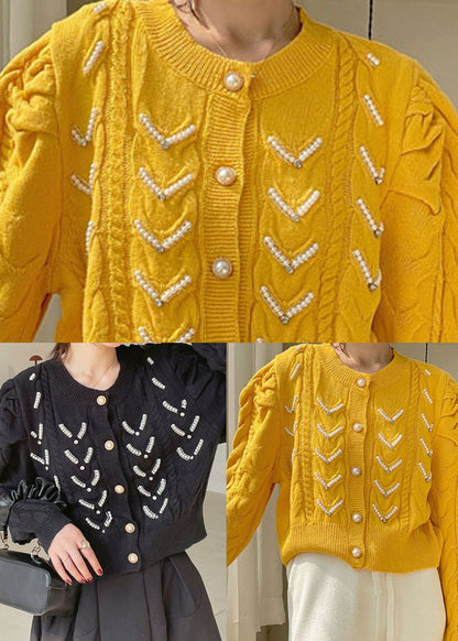 Yellow Puff Sleeve Nail Bead Knit Loose Sweaters Spring Coat